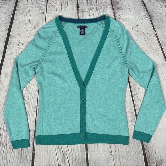 OXFORD GOLF soft cotton v-neck button down teal turquoise cardigan, size S - Picture 8 of 12